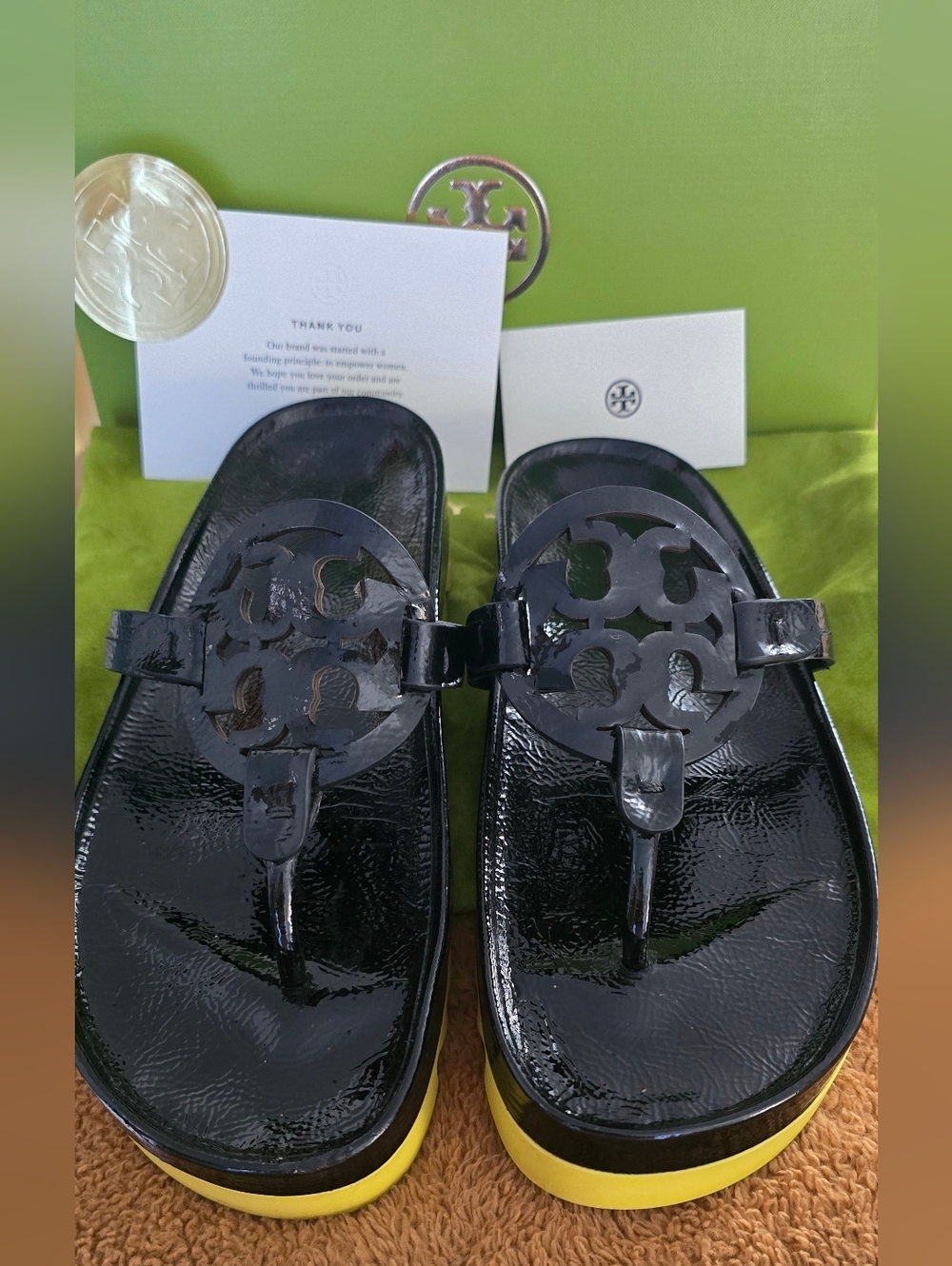 LIKE NEW! Tory Burch Black Patent Miller Cloud Lug Sandals with Yellow Platform
